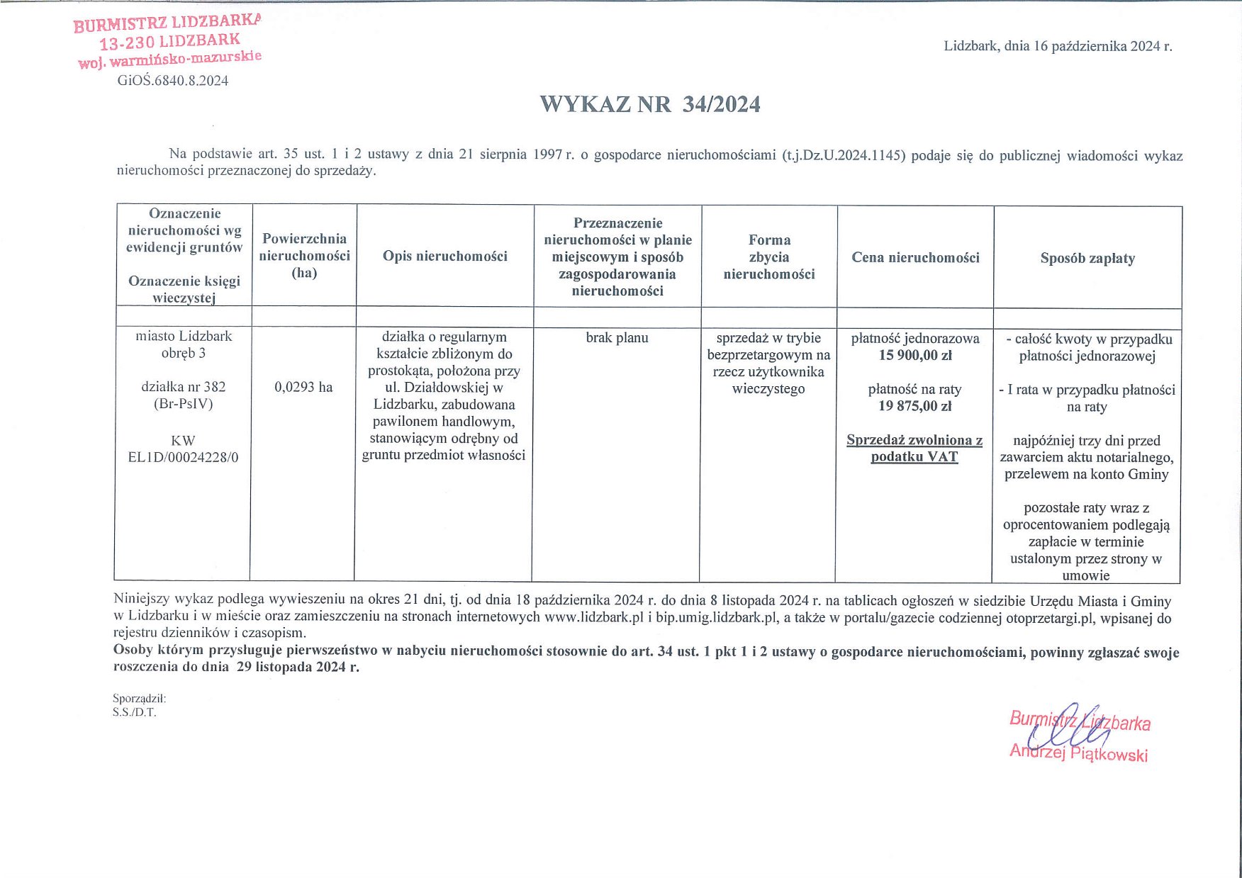 Wykaz Nr 34/2024 - Nieruchomość gruntowa do sprzedaży - Lidzbark, obr. 3, dz. nr 382